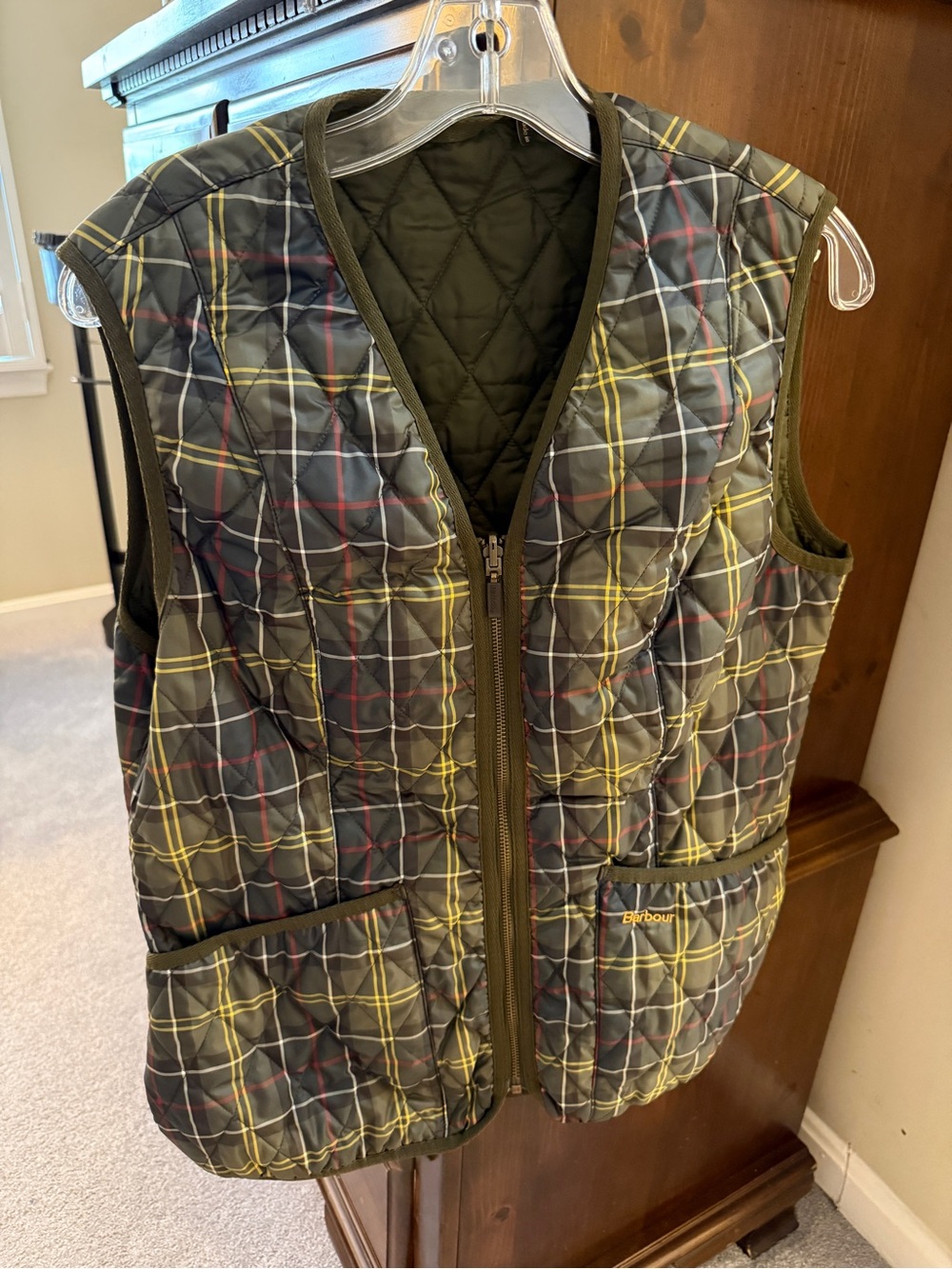 Barbour Olive and Gold Plaid Quilted Vest with Olive Lining. Like New. Size 10